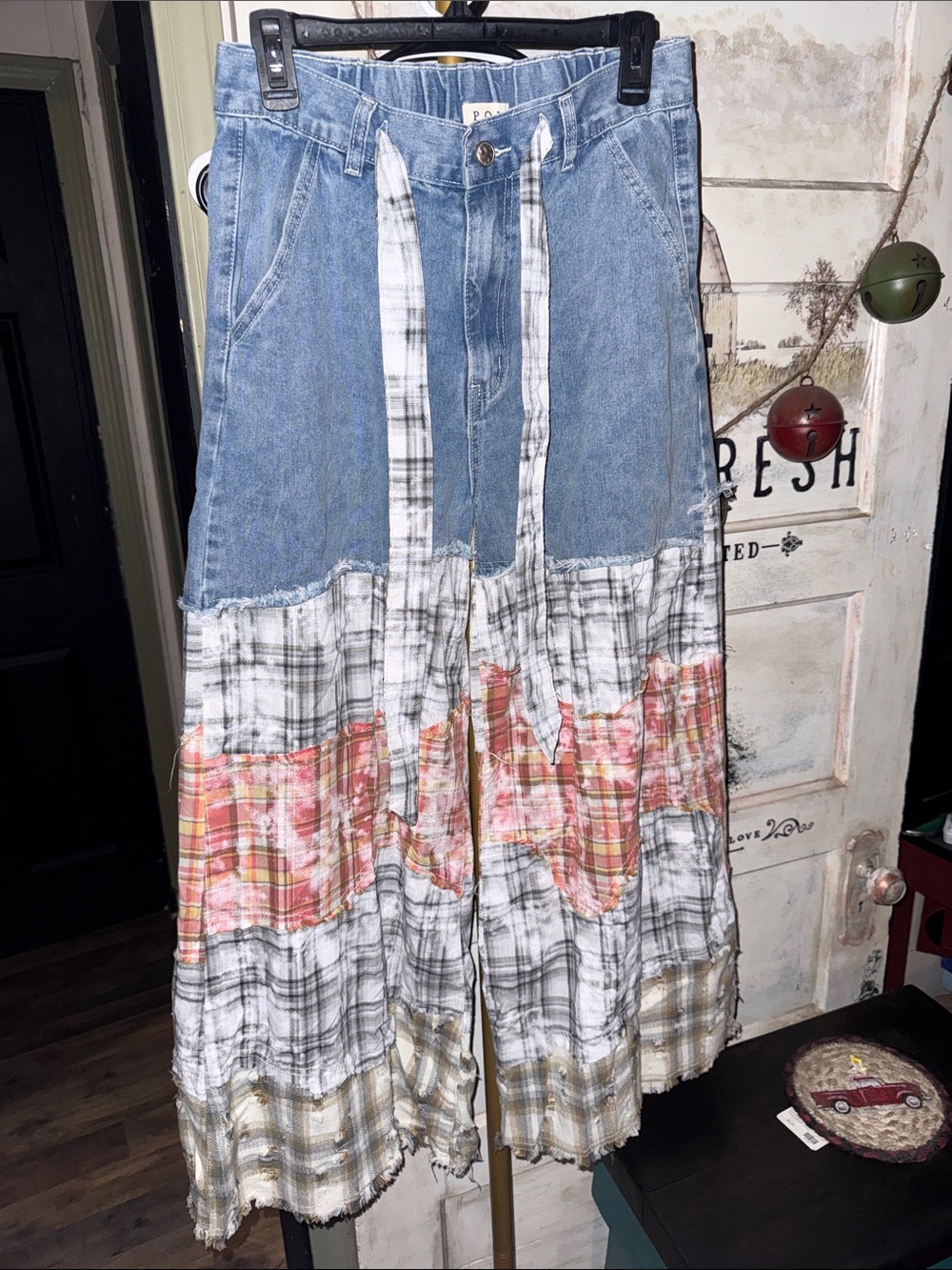 POL Patchwork Wide-Leg Jeans with Plaid Panels in Light Blue and Coral